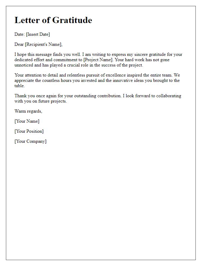 Letter template of gratitude for dedicated effort on the project.