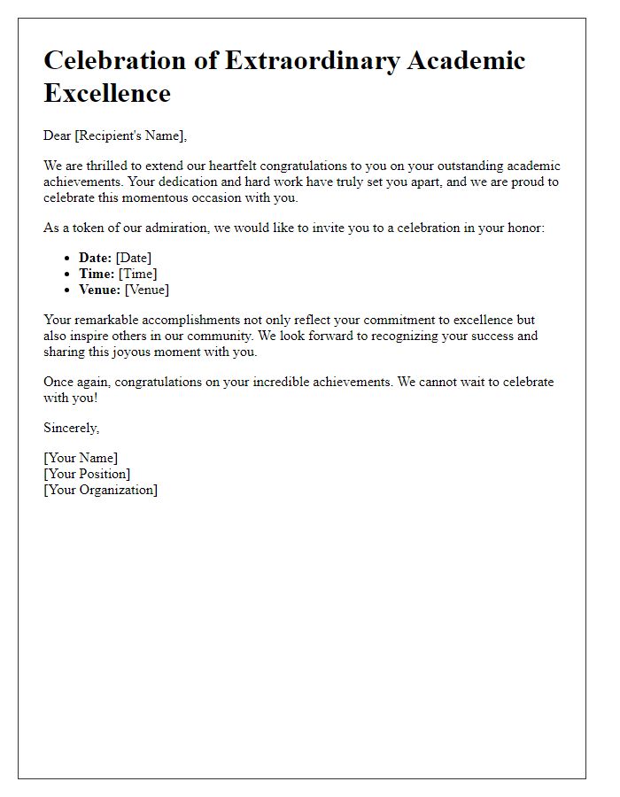 Letter template of celebration for extraordinary academic excellence