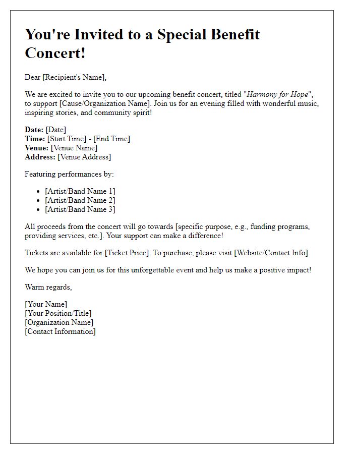 Letter template of a benefit concert invitation