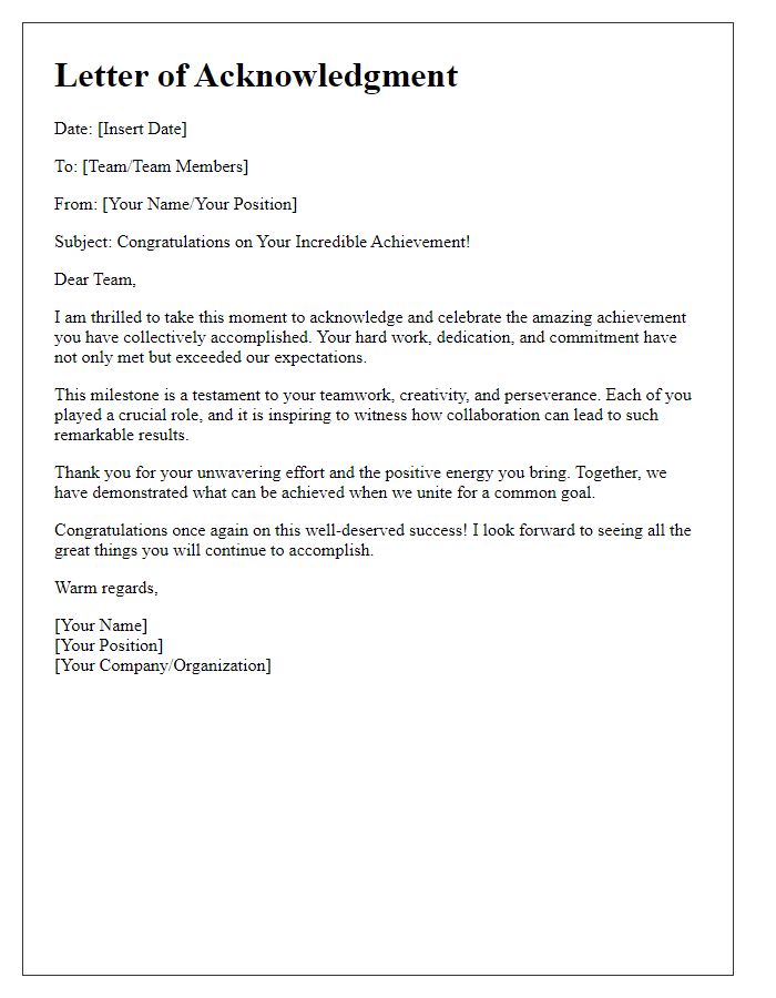 Letter template of acknowledgment for an amazing team achievement.