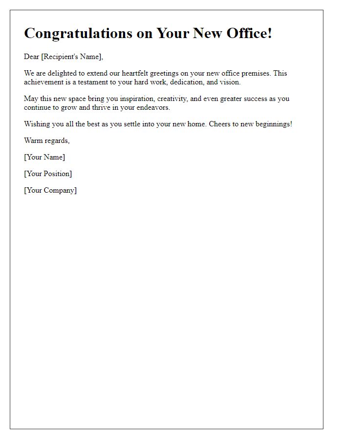 Letter template of heartfelt greetings on your new office premises.