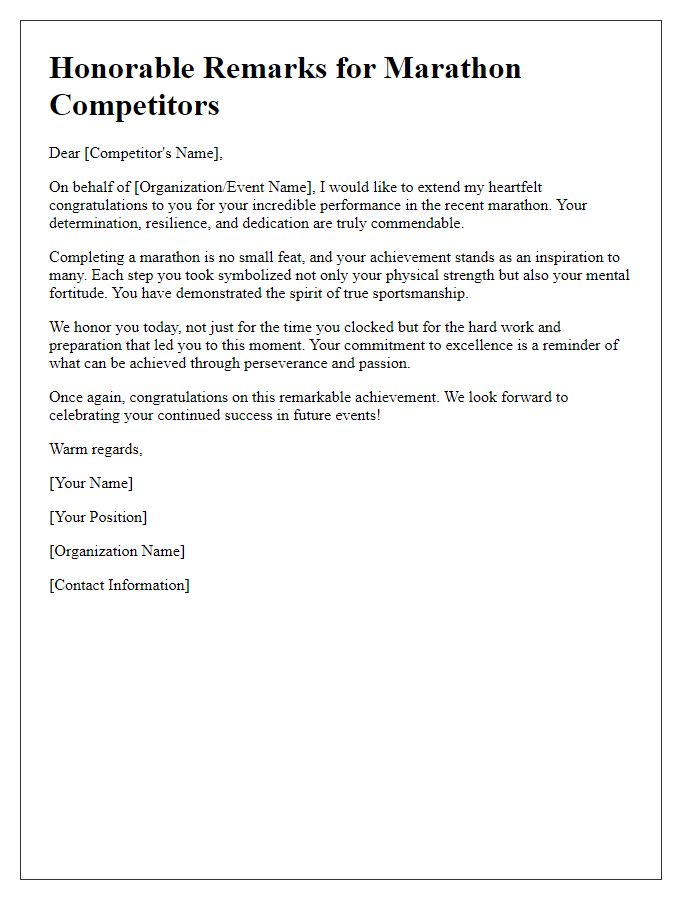 Letter template of marathon competitor honor remarks