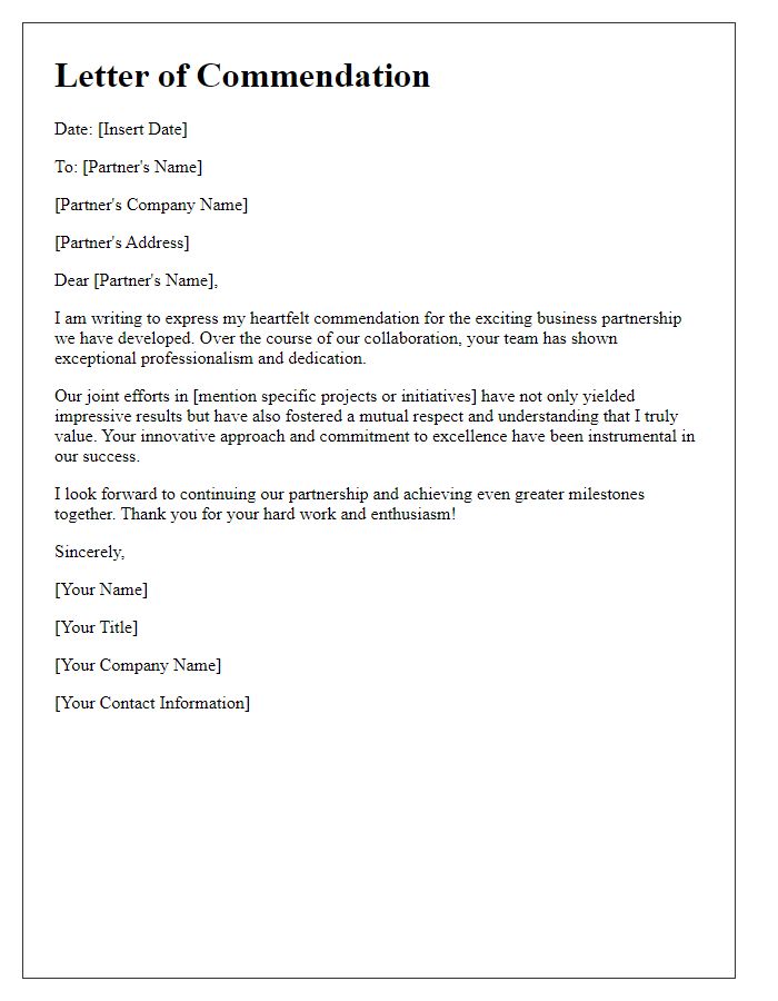 Letter template of commendation for your exciting business partnership.