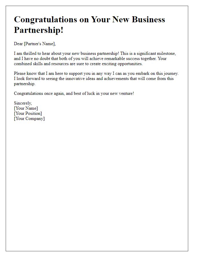 Letter template of congratulations on your new business partnership.