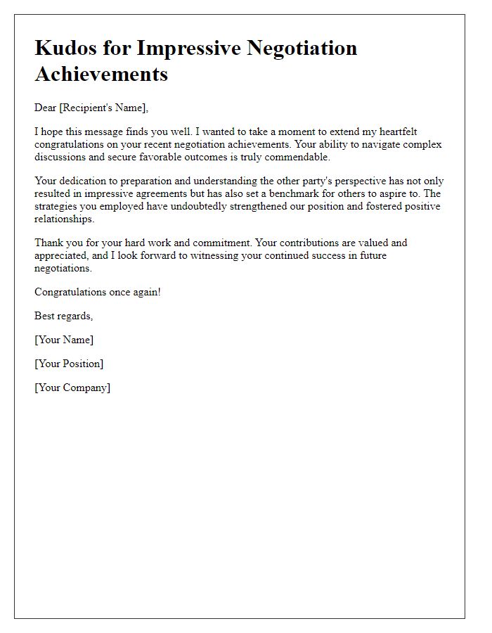 Letter template of kudos for impressive negotiation achievements.