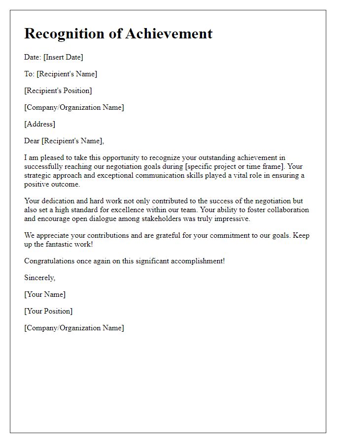 Letter template of recognition for achieving negotiation goals.