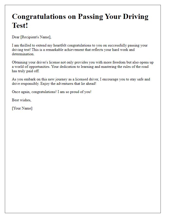 Letter template of commending you on passing your driving test.