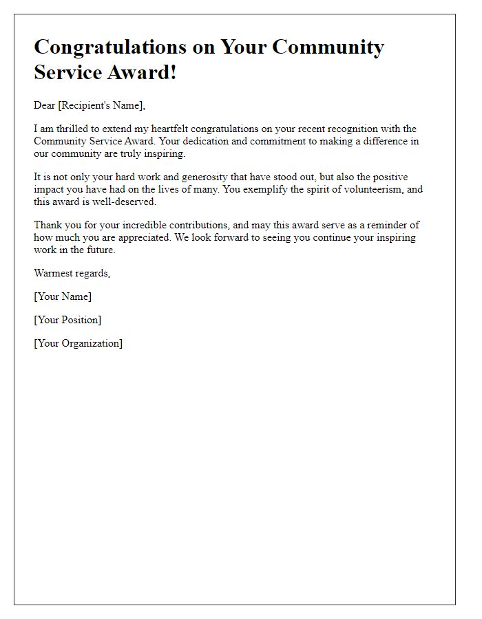 Letter template of congratulations for receiving a community service award.