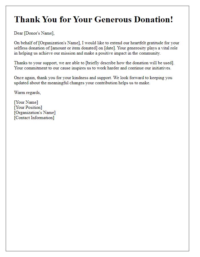 Letter template of acknowledgment for your selfless donation.