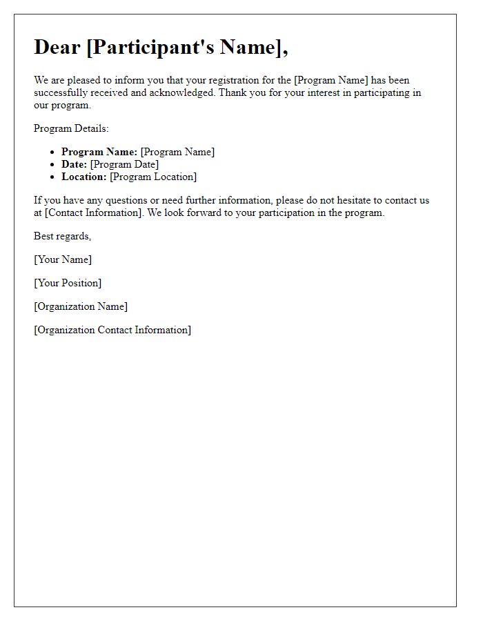 Letter template of acknowledgment for program participation registration