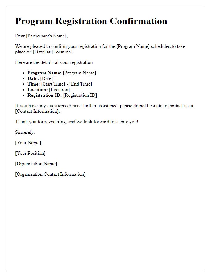 Letter template of confirmation of program registration