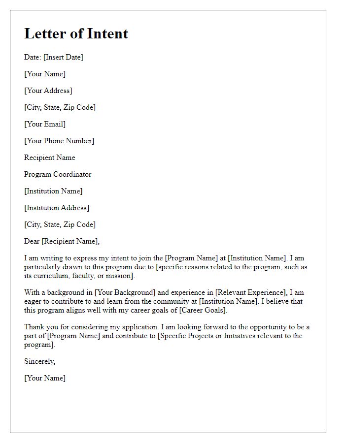 Letter template of intent to join a program
