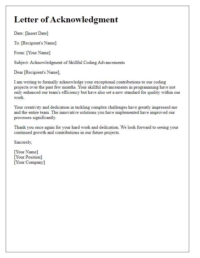 Letter template of acknowledgment for skillful coding advancements.