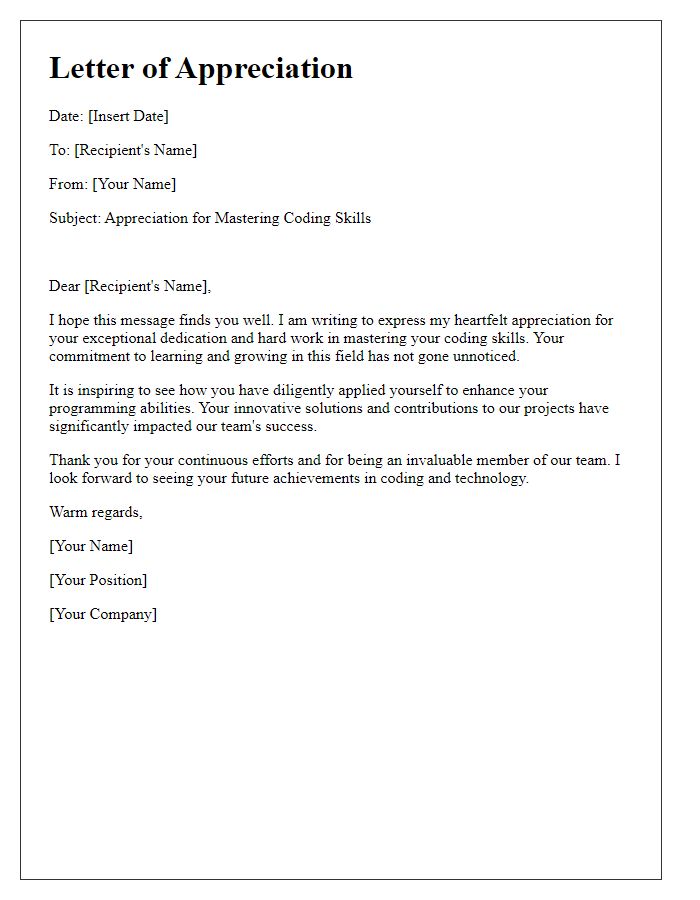 Letter template of appreciation for mastering coding skills.