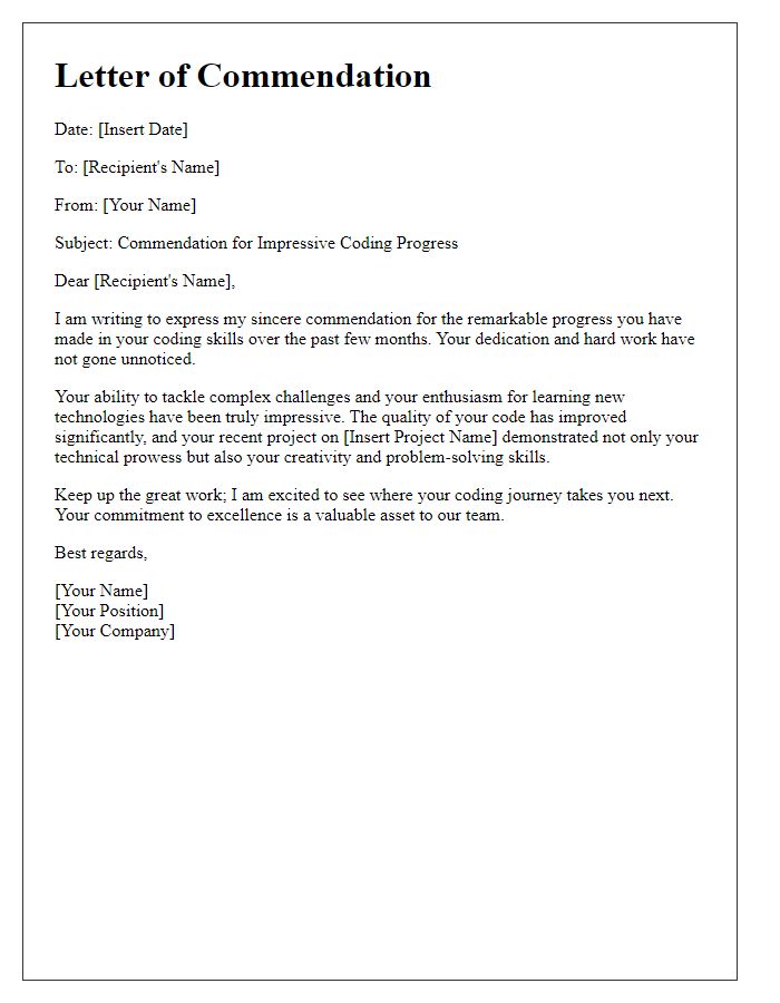 Letter template of commendation for impressive coding progress.