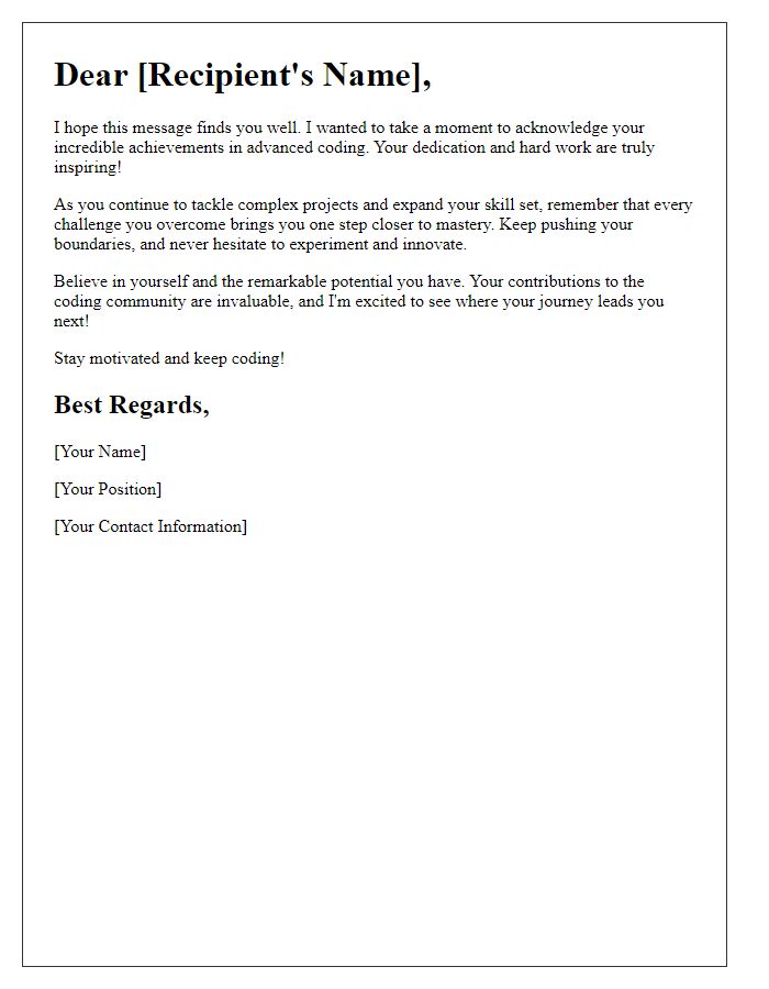 Letter template of encouragement for advanced coding achievements.