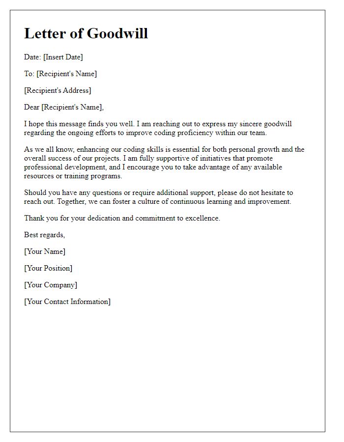 Letter template of goodwill for coding proficiency improvement.