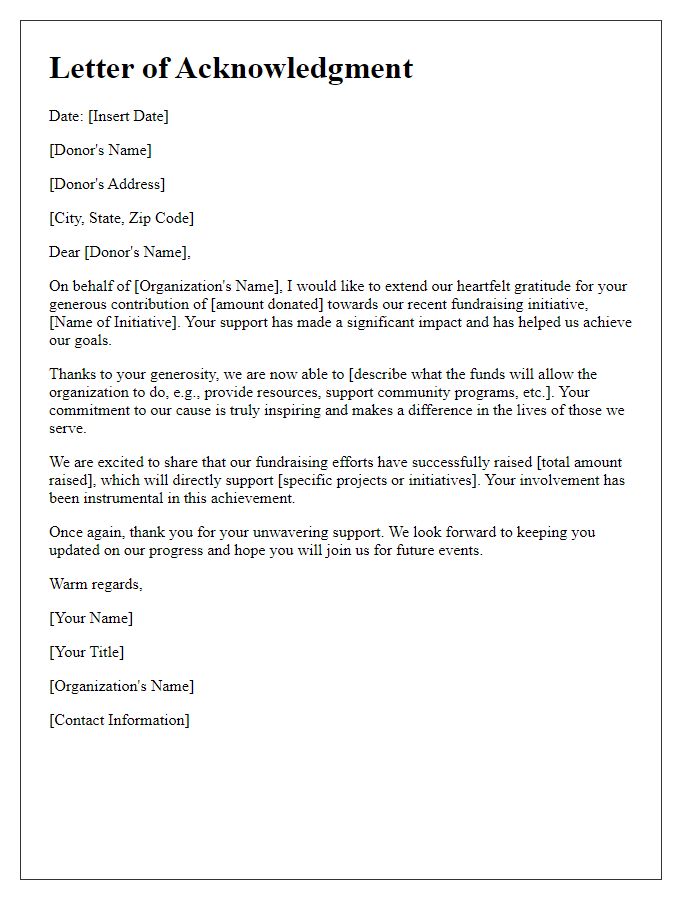 Letter template of acknowledgment for successful fundraising initiatives.