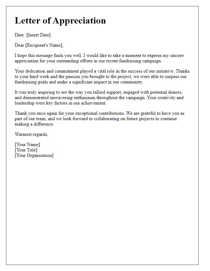 Letter template of appreciation for successful fundraising efforts.