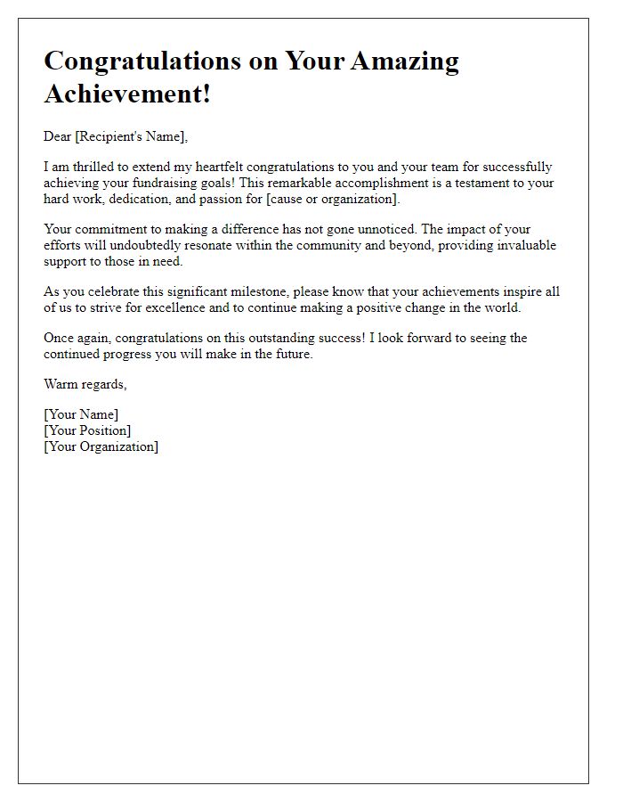 Letter template of congratulations on achieving fundraising goals.