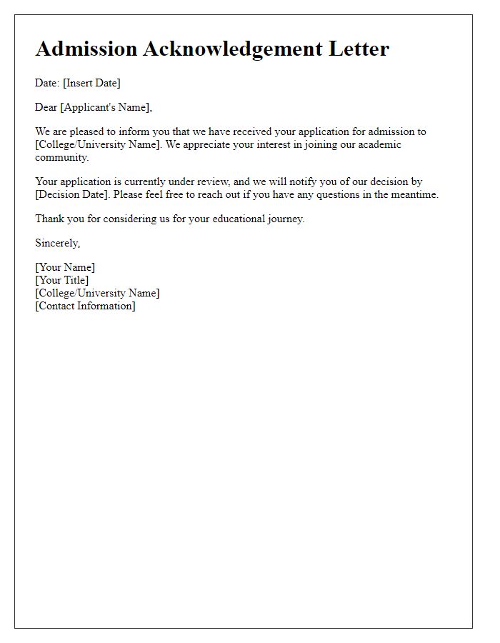 Letter template of acknowledgement for admission to college