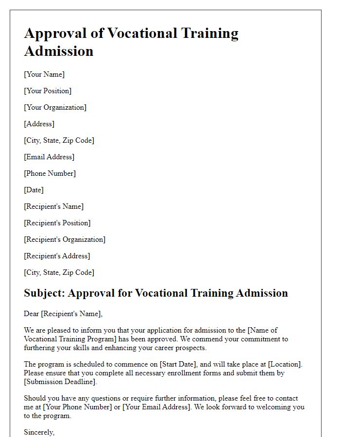 Letter template of approval for vocational training admission