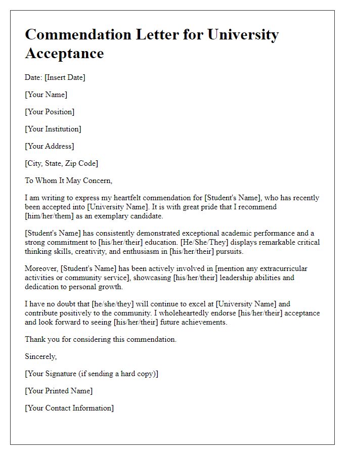 Letter template of commendation for university acceptance