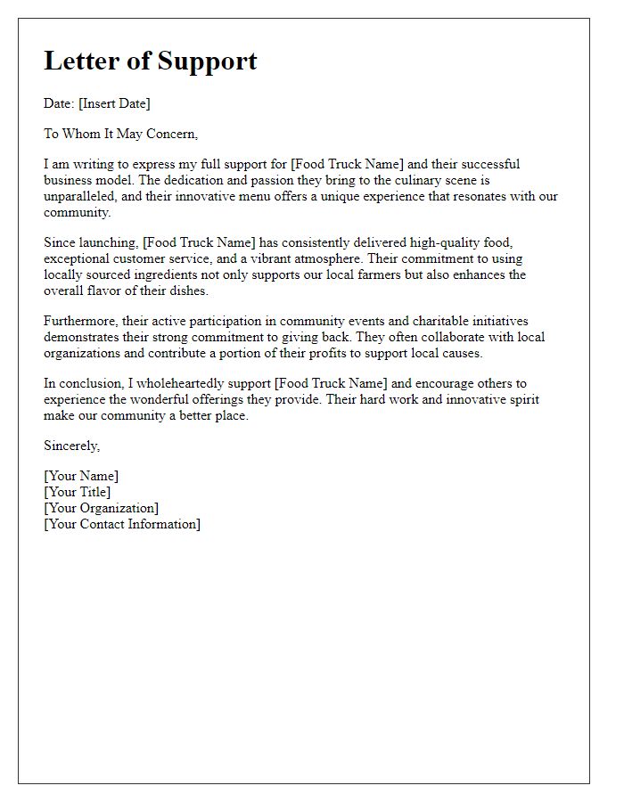 Letter template of support for a successful food truck business.