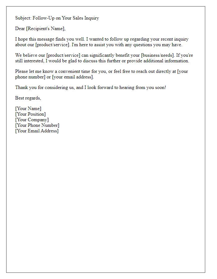 Letter template of follow-up email for sales inquiry