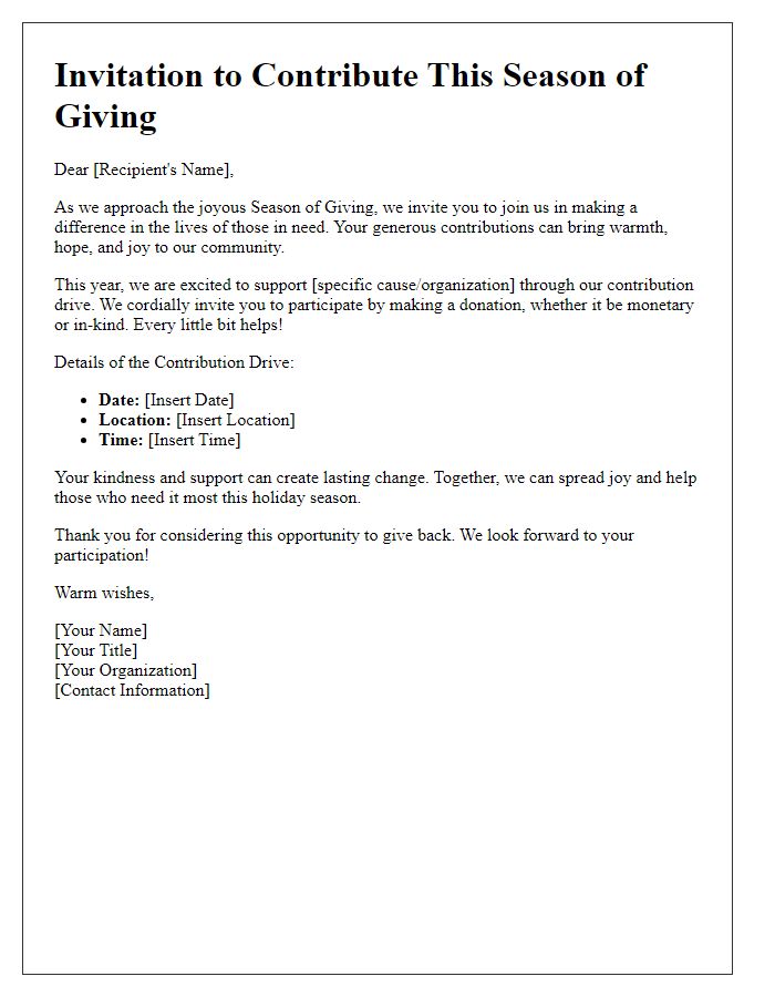 Letter template of season of giving contribution invitation