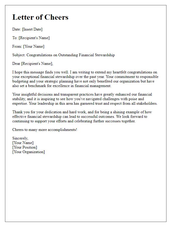 Letter template of cheers for exceptional financial stewardship.