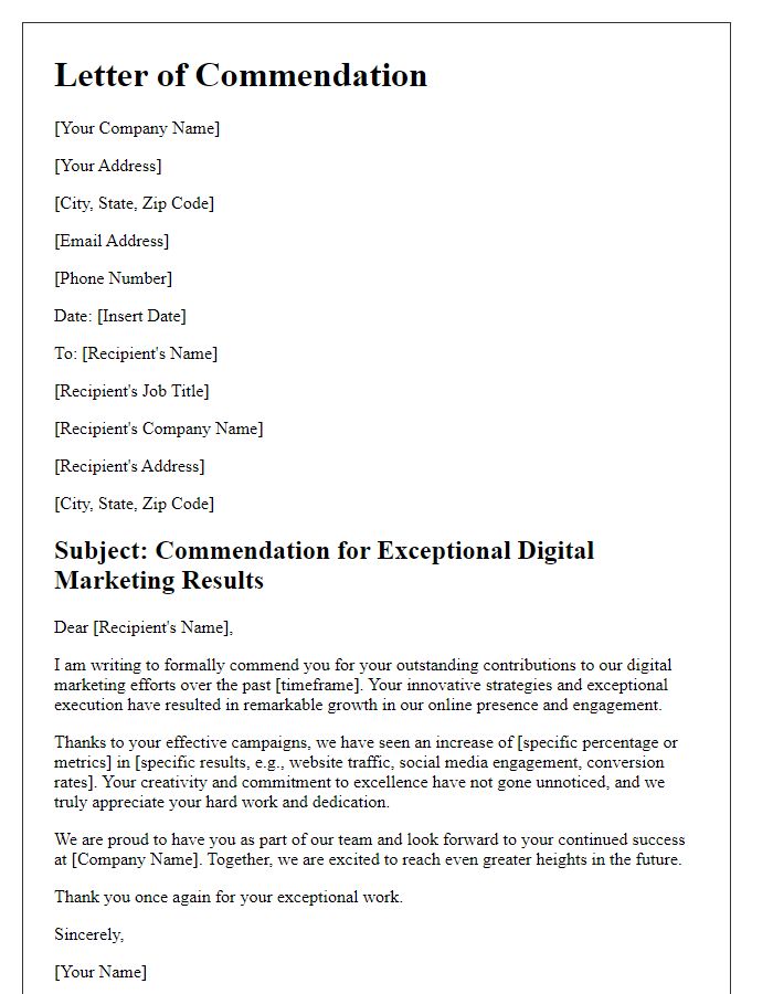 Letter template of commendation for exceptional digital marketing results