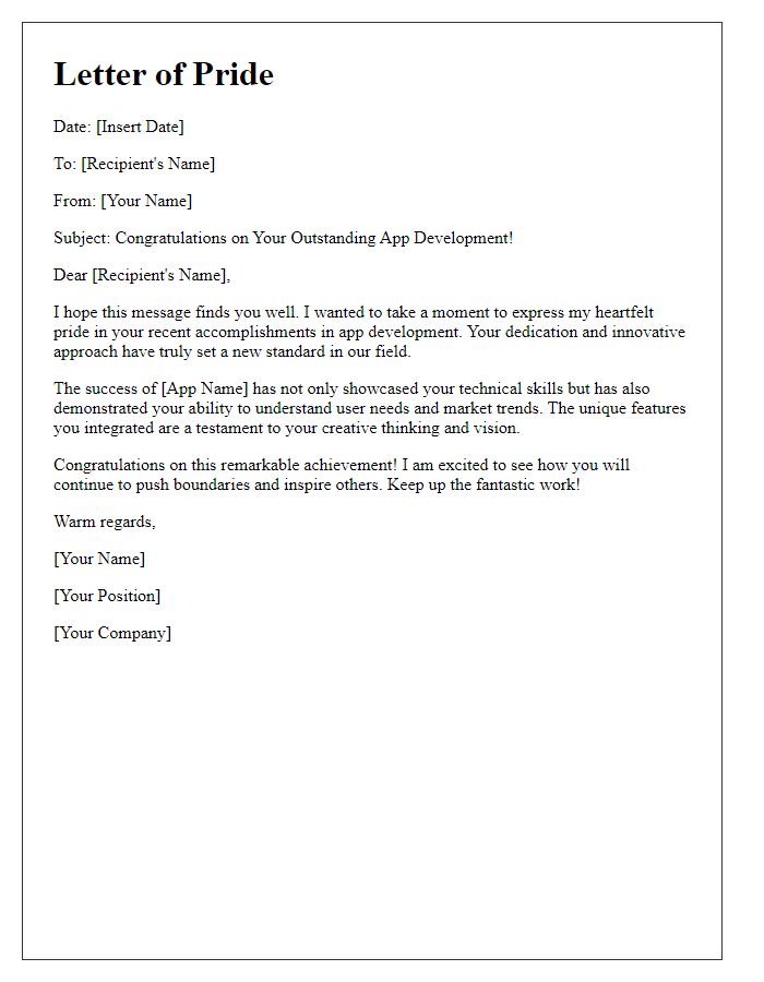 Letter template of expressing pride in standout app development