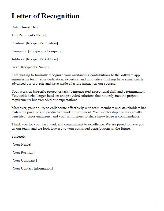 Letter template of recognizing excellence in software app engineering