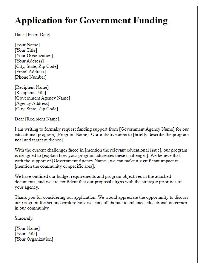 Letter template of government funding application for educational program support