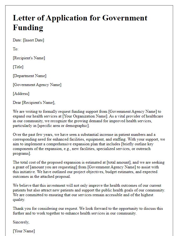 Letter template of government funding application for health services expansion