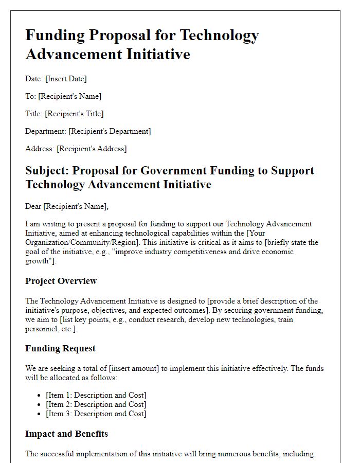 Letter template of government funding proposal for technology advancement initiative