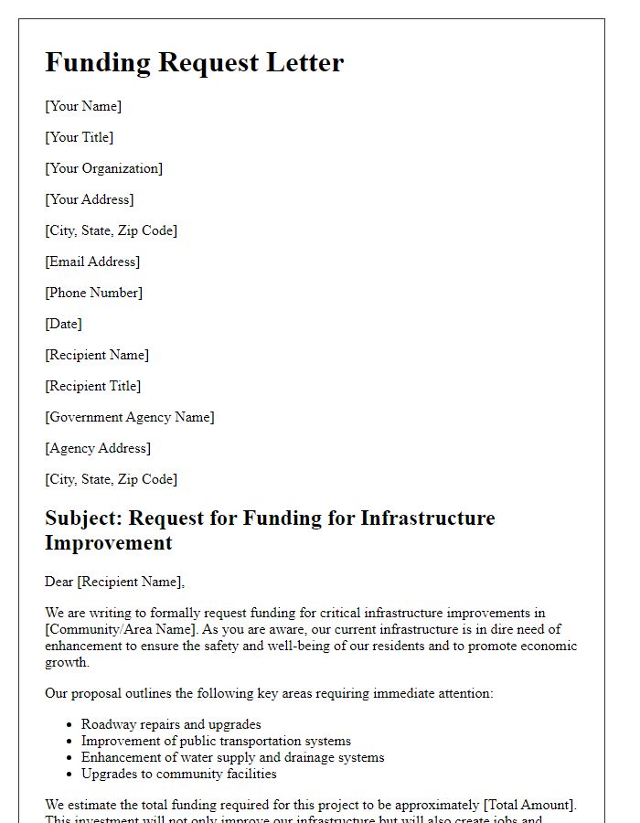 Letter template of government funding request for infrastructure improvement