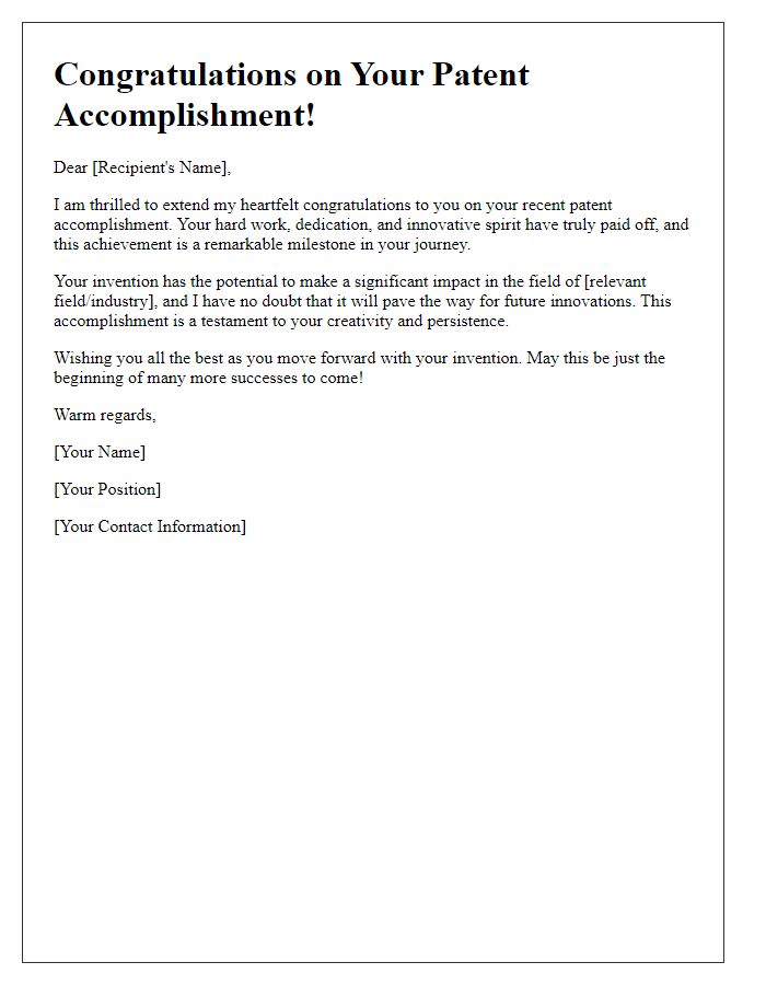 Letter template of best wishes on your patent accomplishment