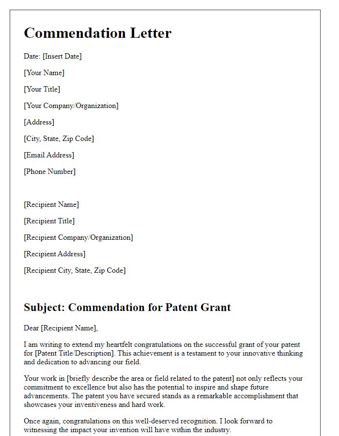 Letter template of commendation for your patent grant