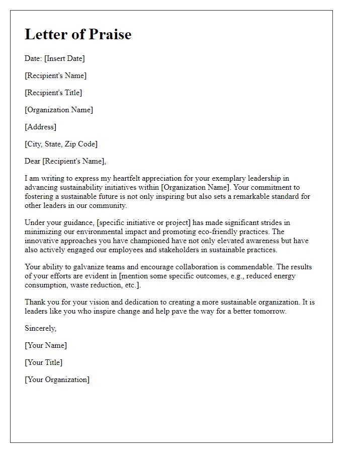 Letter template of praise for leadership in sustainability initiatives.