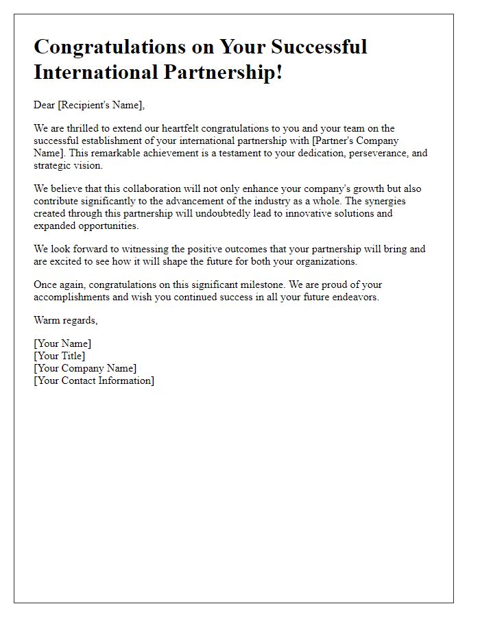 Letter template of congratulations on successful international partnership.