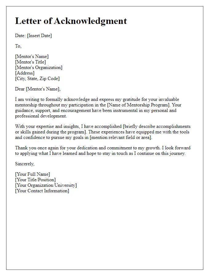 Letter template of acknowledgment for your mentorship program accomplishment.