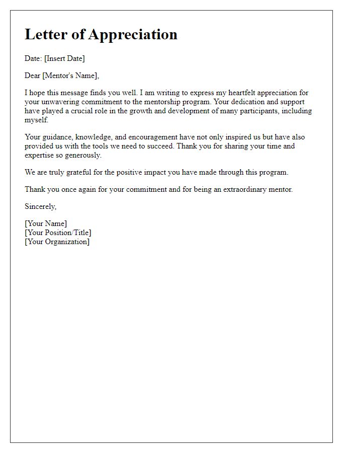 Letter template of appreciation for your commitment to the mentorship program.