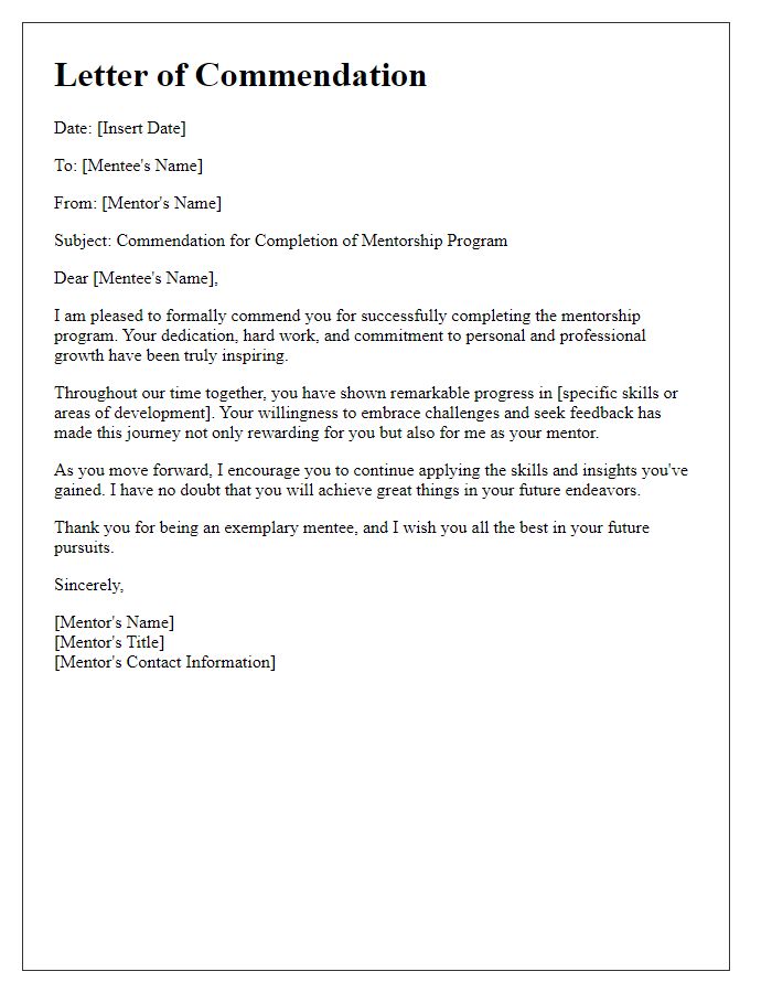 Letter template of commendation for finishing the mentorship program.