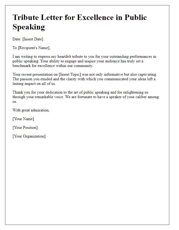 Letter template of tribute for excellence in public speaking performances