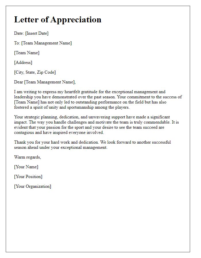 Letter template of appreciation for stellar sports team management.