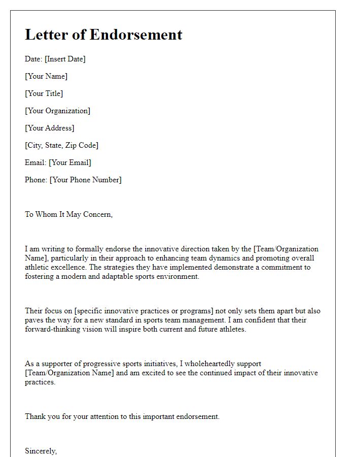 Letter template of endorsement for innovative sports team direction.