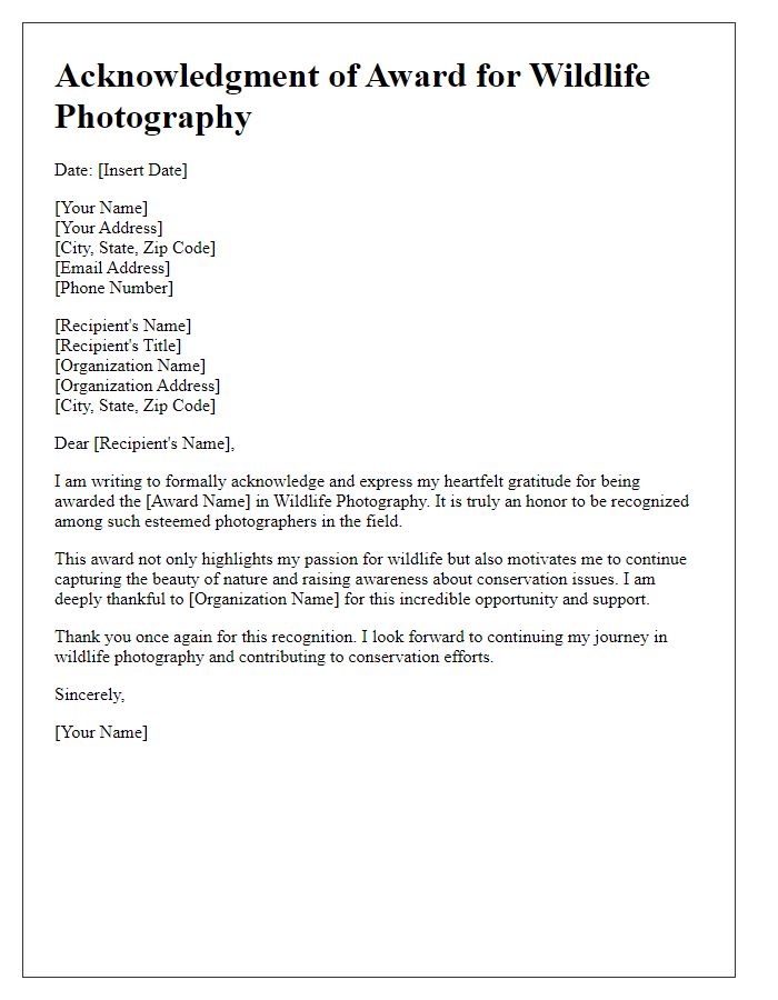 Letter template of acknowledgment for award in wildlife photography.