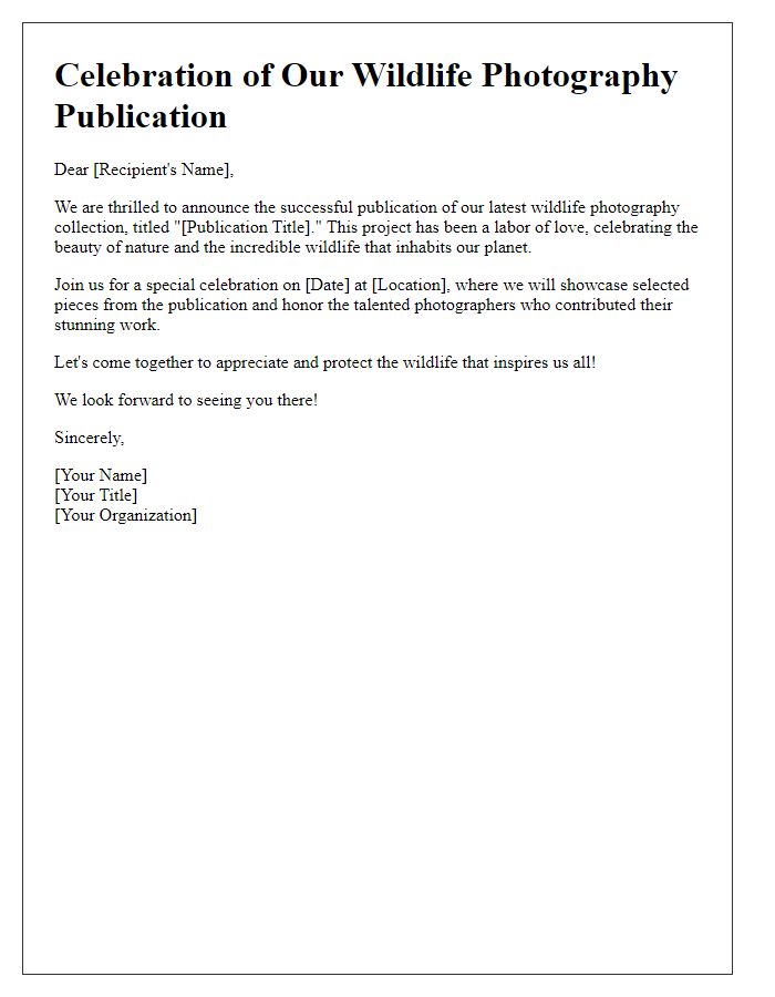 Letter template of celebration for wildlife photography publication.